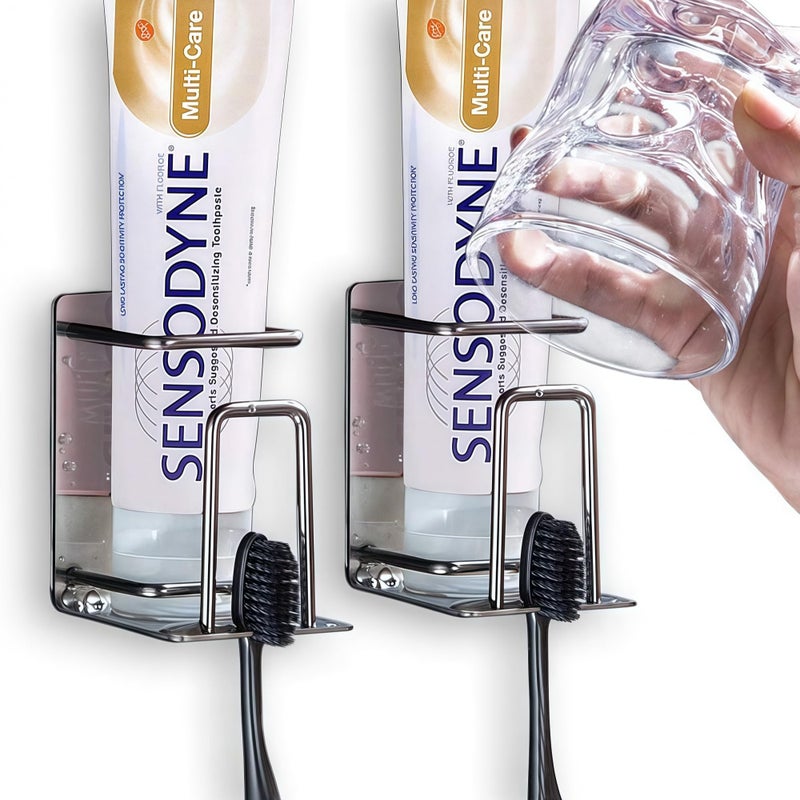 HANZE 2 Pack Toothbrush Holder 304 Stainless Steel Adhesive Wall Mounted 3 in 1 with Toothbrush Holder Toothpaste Holder and Cup Holder for Bathroom Shower - Image 1